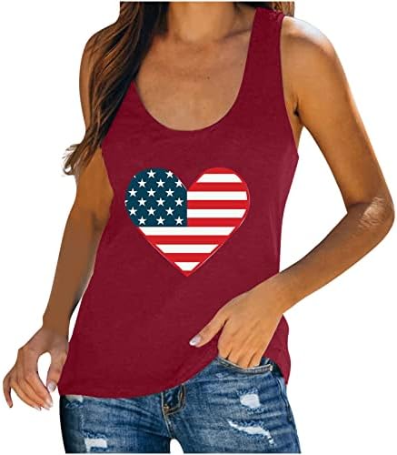 Дами Американско знаме за срце, врвен женски 4 -ти јули Патриотска кошула Симпатична графичка печатена маици во САД, резервоари за Денот