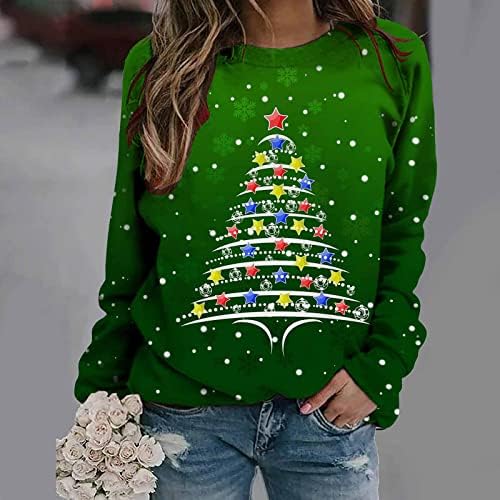 Womenените екипаж џемпери мода 2023 година Нова Година Долга ракав Божиќен џемпер осветли симпатична Божиќна блуза пуловер врвови