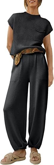 Женски облеки со две парчиња џемпери сетови плетени врвови на пуловер и панталони со високи половини за панталони 2023 случајна сет улична облека