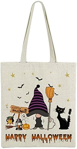 Природна памучна постелнина торба среќна Ноќ на вештерките џуџе со тиква фенер дух црна мачка лилјаци вештерка еко-пријателски заживувачки