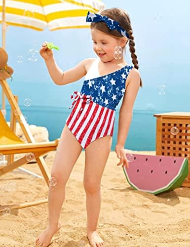 АГАПЕНГ 4 -ти јули јули Девојче за капење Девојка Американско знаме за капење Црвено бело сино костим за капење со глава со глава
