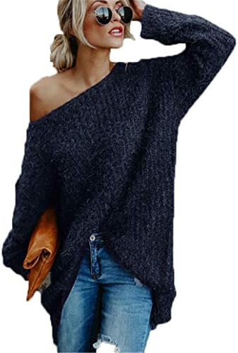 Andongnywell женска цврста боја од рамото плетено скокач со долг ракав пуловер, бутки цврсти џемпери блузи