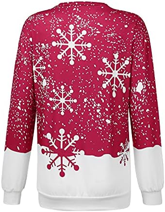 Humanенски Божиќ Божиќ, грд џемпер, дама дама од снегулка, печатење на снегулка, лабава кошула со долги ракави, симпатични џемпери