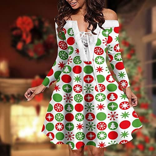 Божиќни фустани за жени без ретроспективни цевки фустан од снегулка печати секси чипка v вратот гроздобер Божиќна забава Флејл фустан