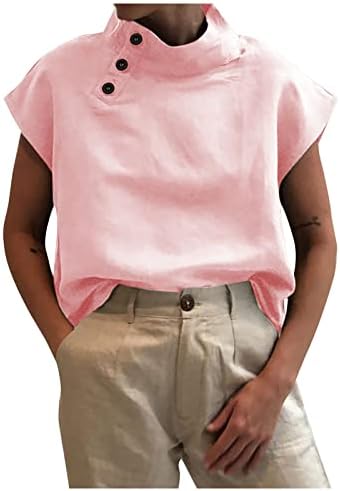 Летна постелнина кошула за жени елегантно ретро копче надолу блузи врвови, исмејувачки врат Туника врвови цврста боја лабава блуза маички