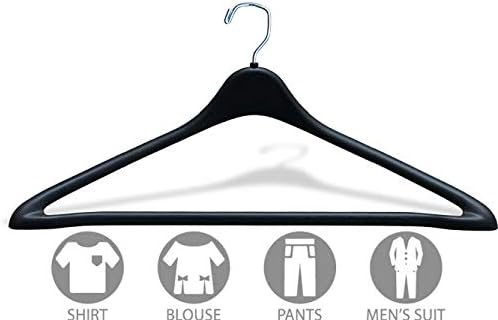 Тешка црна пластична костум закачалка со фиксна лента, цврсти 1/2 инчен дебел палто закачалки со квадрат на врвот на хром вртливата кука