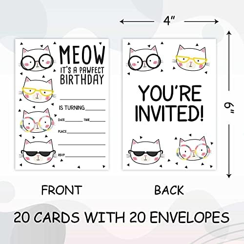 Покани за роденден на Wuawn 20 со мачки со коверти, пополнување на маче Павти - во роденденски покани картички за момчиња и девојчиња,