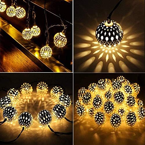 Морокански низа светла приклучок во 20 сребрени LED декоративни светла со 8 режими кои можат да се прошират метални orbs светла за свадбена забава,