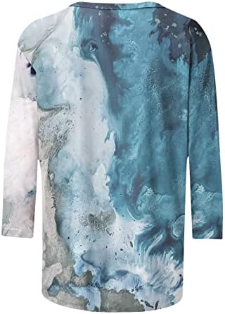 Мода 3/4 кошули со ракави за жени шарени тркалезни вратоврски за печатење во боја на врвови 2023 летни пуловер блузи