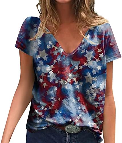 Oclun женски кошули со кратки ракави за хеланки 4 -ти јули патриотски принт v вратчето проточна основна кошула на блуза Обични маички