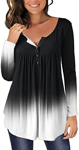 Копче за кошули со долги ракави на жените Хенли градиентски лажички врат, скриен скриен стомак врвови за одмор туника што излегува блуза