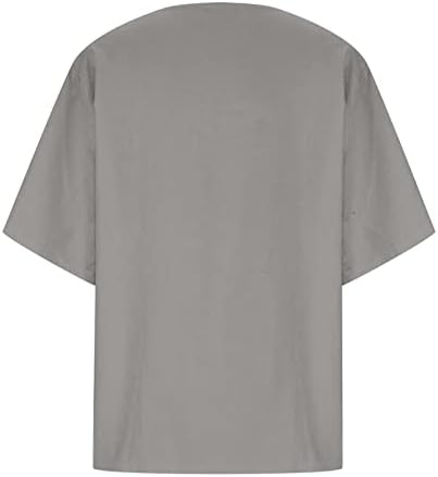 Памучни постелнини врвови за жени летни модни копчиња кошула лабава кратка ракав о-врата блуза гроздобер тунични маици