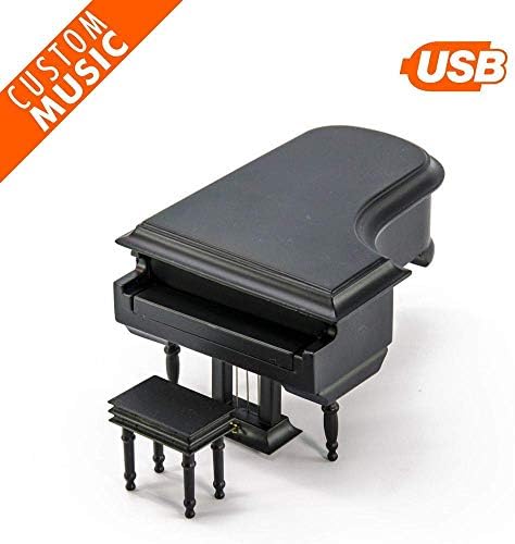 Минијатурна матна црна голема пијано музичка кутија со клупа - кутија за сопствени накит со 2 оддели - 15 MP3 песни за полнење USB звук модул