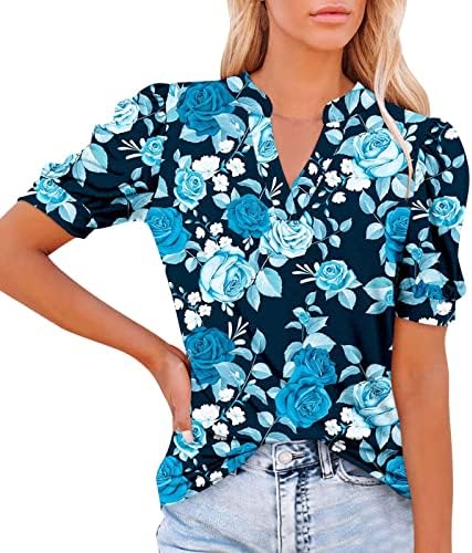Дами цветни графички тенок туники бистиерно вметнување на деколте блуза камизол кошули кратки ракави за ракав, обичен бистиер