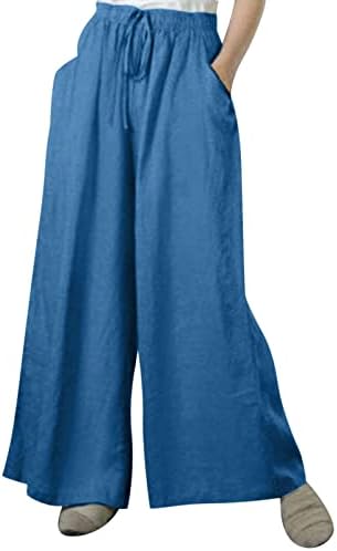 2023 година Нови памучни постелнини панталони за жени, високи половини широки нозе палацо лабава вклопени панталони со јога со џебови