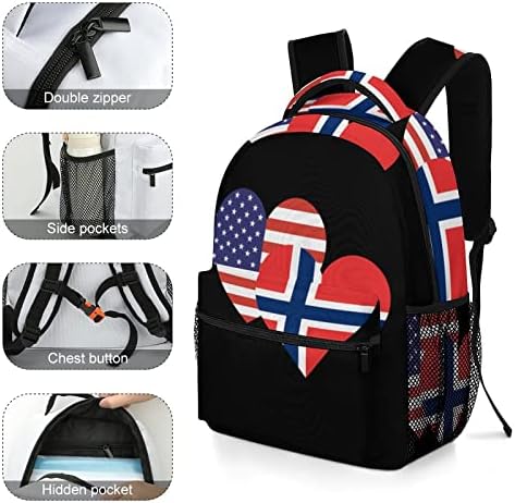 Норвешка Американско срце со знаме на срцето ранец мода рамо торба мала тежина мулти-џебна дневна пакет за училишна студија работа шопинг