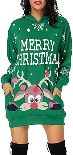 Моден божиќен качулка пуловер за жени мек фустан од фустан Туника обични џебови џебови со долги ракави дуксери