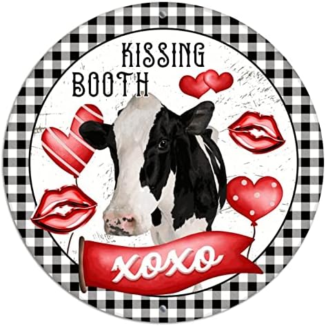Тркалезни метални знаци на венец на Денот на вineубените, фарма крава, цитат за бакнување на штанд xoxo црвени усни биволи карирани калај знак