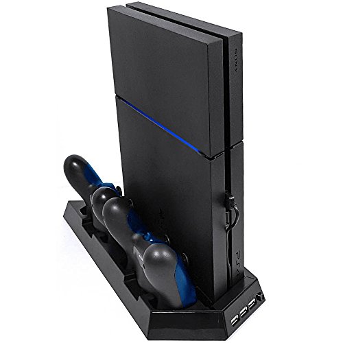 Duostation BornPlay: PS4 вертикален штанд со вентилатор за ладење и станица за двојно полнење за контролори - вклучува USB центар