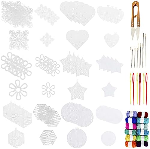 Вкрстено бод чисти пластични комплети за платно, Aulufft 60 парчиња 6 форми празни мрежни платно чаршафи комплет везови пластични пластика занаетчиски плетени алатки с