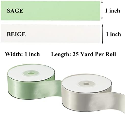 2 ролни со двојно лице сатенска лента, 1 инч 25 јарди/крем за ролни и мудрец зелена лента поставена за покани за венчавки, невестински цветни