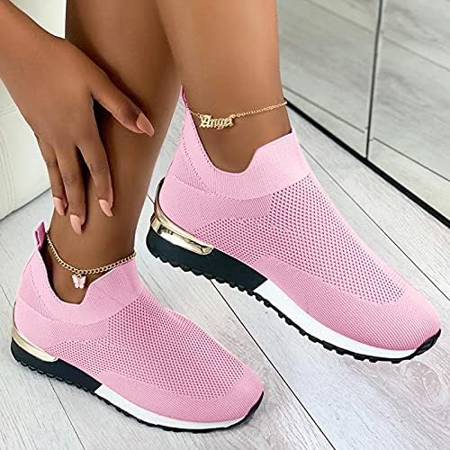 Чевли за чорапи за одење за жени мрежи за дишење еластични плетени патики цврста боја на обични клинови чевли се лизгаат на