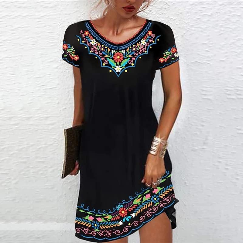 Мелифло женски тркалезен врат Краток ракав Мексикански фустан цветна везена маичка фустан етнички бохо миди фустани