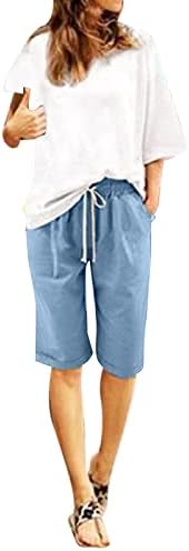 Womenените летни памучни постелнини панталони плус големина со високи половини шорцеви кои лежат тренингот на плажа џеб салон од пет точки панталони