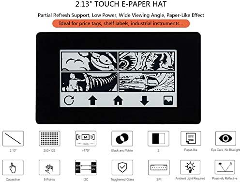 Waveshare 2.13inch Touch E-Paper Hat за Raspberry Pi 4B/3B+/3B/2B/Zero/Zero W/Zero WH, 250x122 пиксели, црна бела боја со две