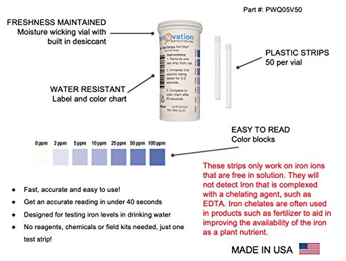 Ленти за тестирање на железо, 0-100 ppm [шишенце од 50 ленти] за мерење на бесплатно растворливо железо