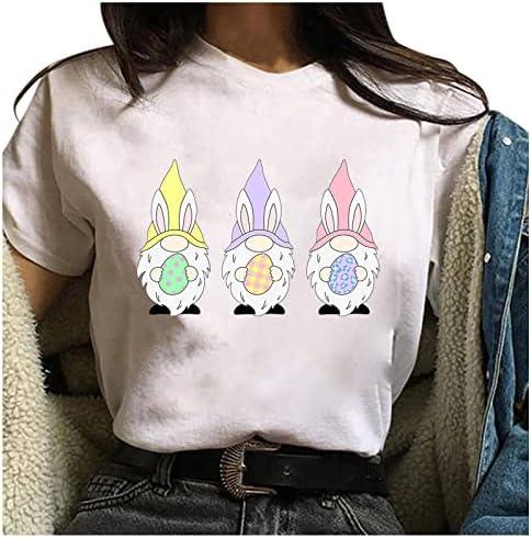 Симпатични gnomes јајца печатени маички за велигденска маичка за жени Смешна графичка маица О-врат Краток ракав летни врвови на врвови