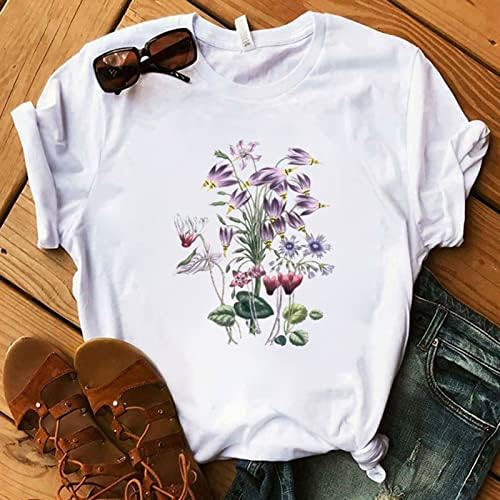 Temanенски симпатична мета цветна графичка печатена екипаж за кратки ракави маички лето врвови естетски маички трендовски цветни блузи