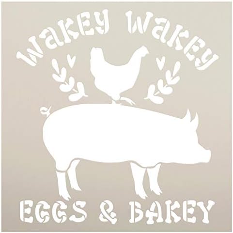 Wakey Eggs & Bakey Stencil by Studior12 | DIY фарма куќа за дома - свиња - пилешко | Занаетчиски и знак за дрво од дрво | Употреба за еднократно