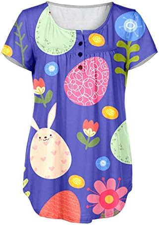 CGGMVCG Womenенски Велигденска кошула зајаче јајце печати Хенли кошули копче до краток ракав летен врв на велигденски зајаче кошули