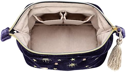Практични козметички шминка торба, Морнарица Кадифе Везени Апликација Месечината Ѕвезди Козметичка Торба, Ѕвездени Шминка Торбичка со Ресни