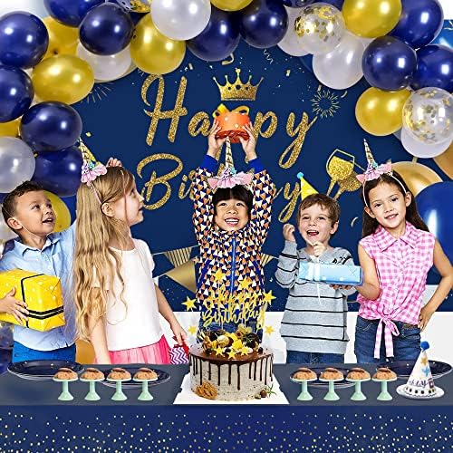Movinpe Navary Blue Goldtion Dealidation Party Decorations, роденденска фотографија за позадини Банер забава за балони на конфети