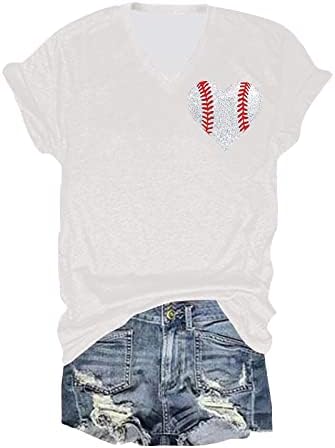 Бејзбол мама врвови за жени кратки ракави против маица со вратот летни случајни кошули за печатење на срце модни лабави блузи