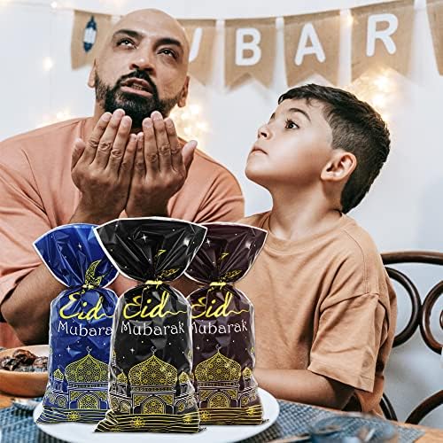 Боерни Пластични Целофан Бонбони Колачиња Третираат Добрите Подарок Кеси 105 парчиња во 3 Бои И Злато Пресврт Врски За Еид Мубарак Рамазан