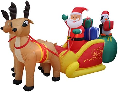 Два божиќни украси за украси, вклучуваат Божиќни лекови на 13 метри, Дедо Мраз и пингвин со подарок во санки со 2 ирваси и 9 стапки долги пингвин
