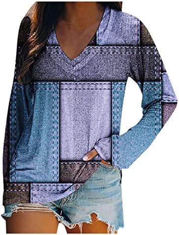 Блузи со долги Ракави За Жени V Вратот Геометриски Графички Печатење Туника Блузи Мета Пролет Обична Боја Блок Слаби Лабави Маици