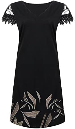 Работни фустани на Nokmopo за жени случајни позиционирање печати V-вратот чипка панел со краток ракав фустан