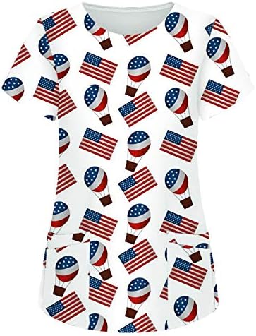Кошули на 4 јули за жени Американски знаме лето кратки ракави против вратот со 2 џебови блузи врвни празнични обични работници