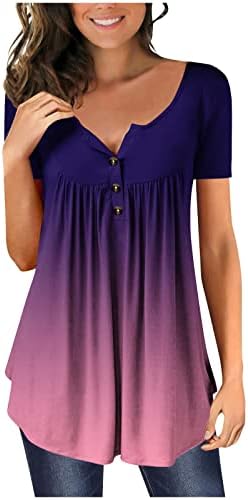 Хенли кошули за жени плус големина скријте ги стомачните врвови летни геометрии во боја на топка за туники за хеланки облечена блуза