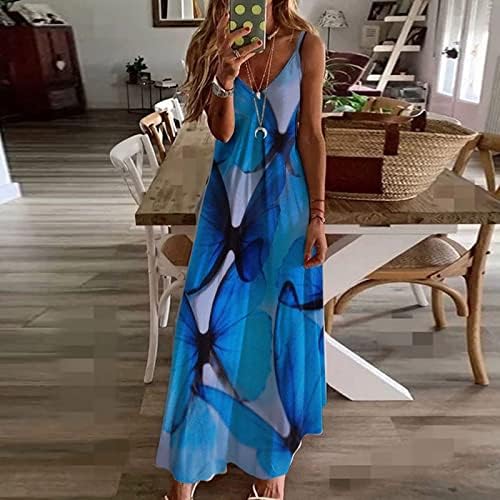 Hcjkdu жени летен фустан v вратот шпагети ленти без ракави лесен лабав фустан тенок фит цветник за одмор на одмор на плажа