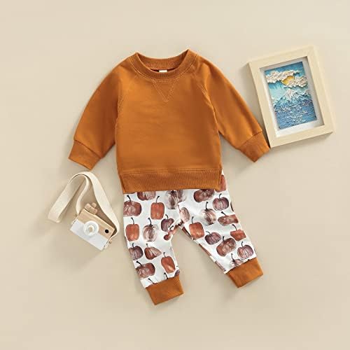 Детето бебе момче девојче со долги ракави џемпер на врвови на врвови од тиква печати долги панталони паѓаат облека за облека