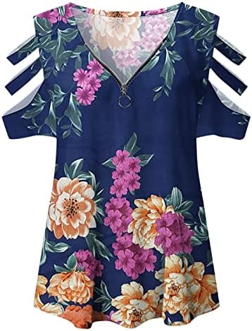 Женски графички печати цветни врвни кратки ракави од рамото 2023 V вратот памук патент на блуза маичка за дами ОМ