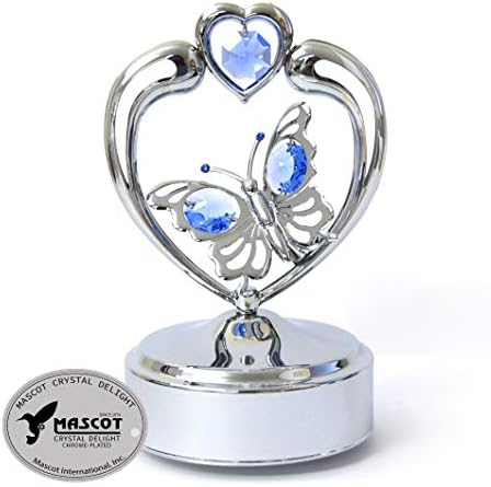 Маскота Хром пеперутка во музичка кутија за срце со кристали на Сваровски - Романтичен подарок за нејзиниот роденден, годишнина, свадба или домашни украси