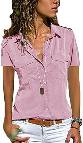 Andongnywell женски кратки ракави маица обична V вратот со ракав за ракав со ракав надолу со блузи кошули врвот со џеб