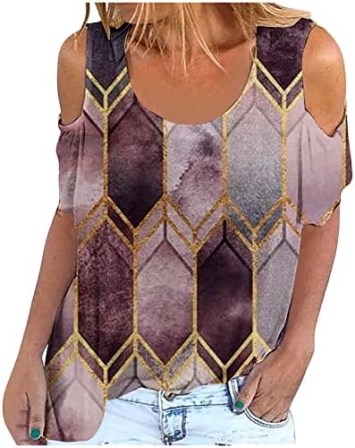 Womenените ладно рамо лежерна кошула лето трендовски 3Д графички принт на кратки ракави врвови лабава удобна блуза
