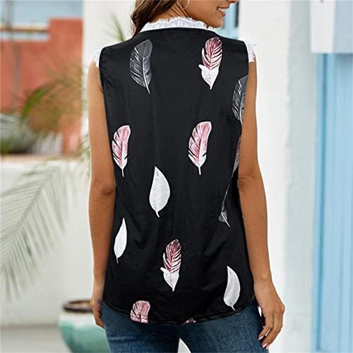 Резервоар за тренингот врвови за жени плус кошули со големина чипка V-вратот без ракави, лесен туничен туника летен цветен принт-печатен